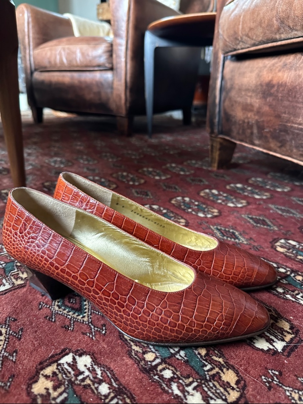 Bruno Magli Croc-Embossed Tobacco Orange Low Block Heel Pumps